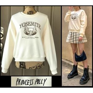 Princess Polly YOSEMITE Oversize CrewNeck Sweatshirt Cream Size 2
